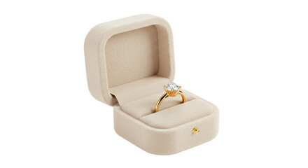 Isolated Beige Velvet Jewelry Box with Diamond Ring Inside
