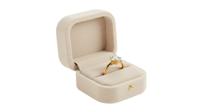 Isolated Beige Velvet Jewelry Box with Diamond Ring Inside