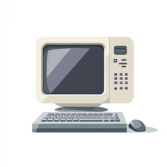 Fototapeta premium Old school beige computer with dark screen, keyboard, mouse, and numeric keypad, vector art.