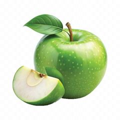 realistic 3d fresh green apple with leaf and slice isolated on transparent background