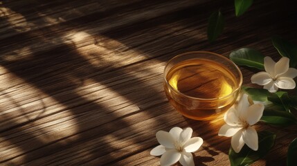 A cup of jasmine tea on the wooden table, with white flowers and green leaves next to it. The background is dark brown wood, with soft light illuminating the scene.