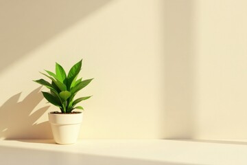 Serene Indoor Plant in a White Pot, Basking in Sunlight Against a Pale Yellow Wall