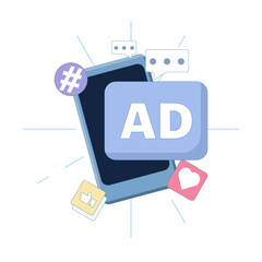 Engagement marketing strategy concept with social media ads and customer interaction. Create effective social media marketing content for brand reach and audience growth. Flat illustration.