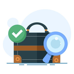 job search concept, job vacancy information. recruitment and hiring. looking for job info. briefcase with magnifying glass and check mark. Flat style design concept on background.