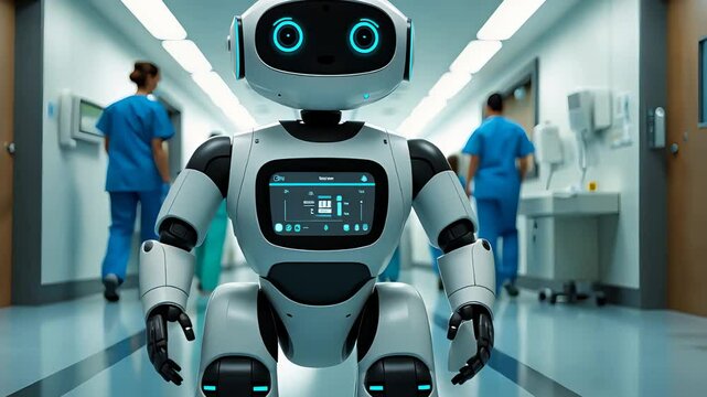 Medical robot assistant with touchscreen interface standing in hospital corridor with nurses in background and modern equipment around

