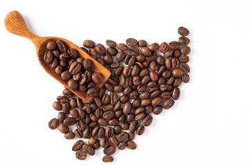 Roasted coffee beans isolated on white background with wood scoop