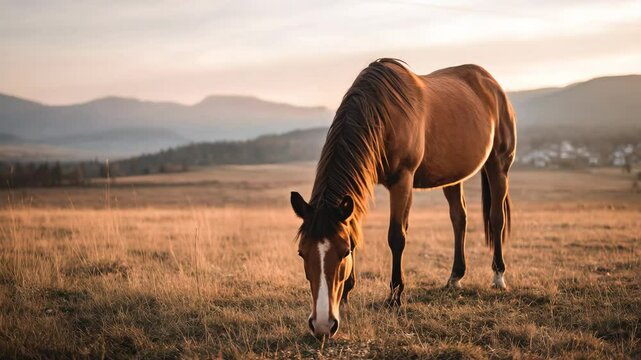 Tranquil Brown Horse Grazing Peacefully in Vast Golden Meadow at Sunset Hour