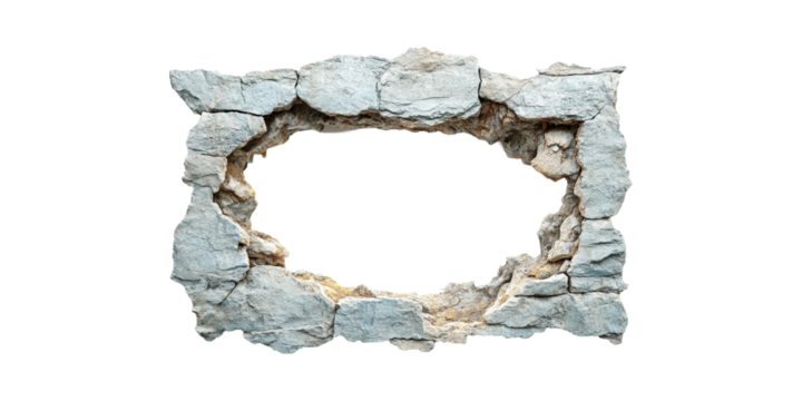 Stone Wall With Large Hole. Concept Of Destruction And Ruins Isolated On Transparent Background