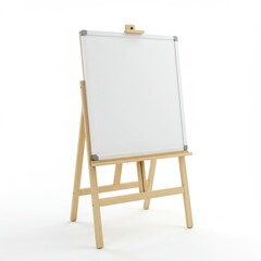 A simple whiteboard on a wooden easel stands against a plain white background in a studio setting