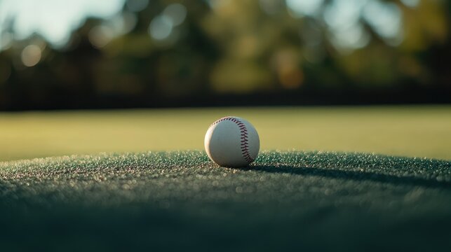 A pitcher&acirc;&euro;&trade;s mound with a single white leather baseball resting on top, set against a soft-focus background of the baseball field.