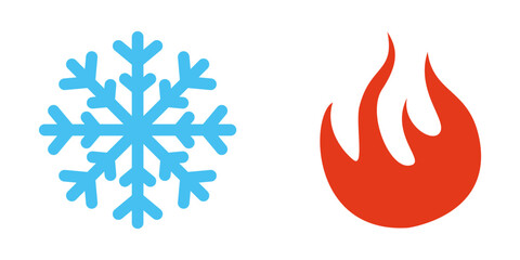 A set of hot and cold vector icons. Snowflake and flame. Symbols of fire and snowflakes in round buttons. Vector illustrations EPS 10