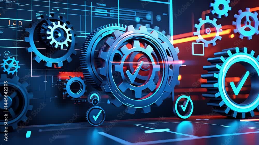 Aufkleber blue metallic gears with glowing checkmarks and futuristic digital interface elements in a high-tech