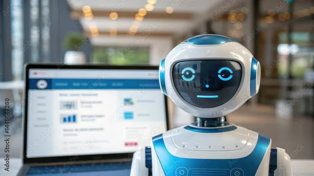 Poster website chat bot , a friendly robot sits in front of a laptop displaying data, symbolizing the fusio