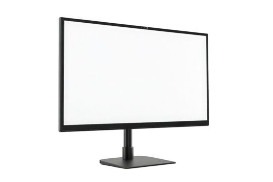 Sleek black computer monitor on a minimalist stand with a bright blank screen.
