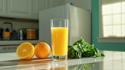 Fototapeta premium Glass of fresh orange juice with whole oranges and leafy greens on sunny kitchen counter