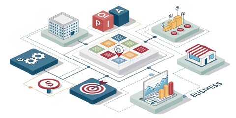 Obraz premium Isometric Business Ecosystem – Abstract 3D Visualization of Key Business Functions