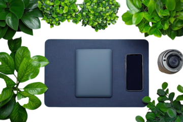 Serene workspace Laptop phone on a blue patterned desk mat surrounded by lush green plants soft