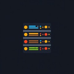 Minimalist server rack icon with colorful switches, technology concept, dark background vector.