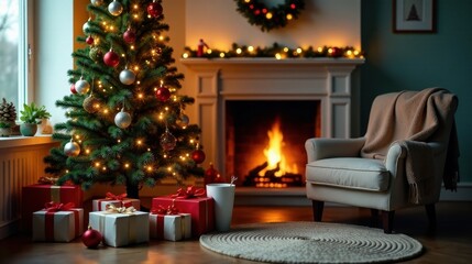 Cozy Christmas Eve Fireplace Scene with Decorated Tree and Gifts