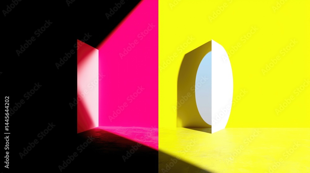 Aufkleber split - screen composition with contrasting colors. left side shows black and pink with light castin