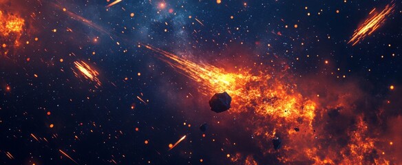 A starry sky, meteors streaking across the Earth's surface, orange and red flames in space, a huge meteorite falling from outer space to hit Earth, creating an apocalyptic atmosphere.