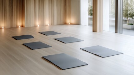 Empty yoga studio with mats on light-colored wooden floor.  Windows offer views of greenery.  Calm, minimalist space