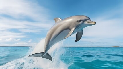 Naklejka premium Dolphin jumping in ocean background marine wildlife action photography tropical waters aerial view playful nature