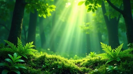 Obraz premium Serene Forest Floor with Sunbeams Illuminating Lush Greenery and Vibrant Ferns