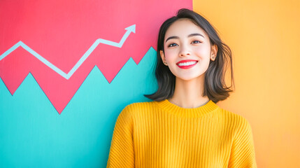 Young woman in a yellow sweater standing against a vibrant background with an upward trending graph, symbolizing growth and positivity