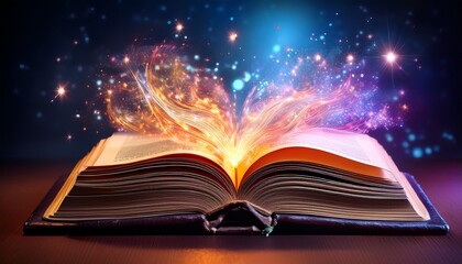 an antique book lies open radiating magical sparkles with vivid colors illuminating the pages