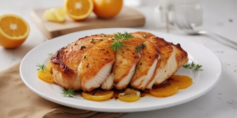 Crispy roasted chicken breast, glistening with citrus marinade, rests on a pristine white plate ,  baking,  texture,  delicious