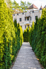 garden labyrinth on the grounds of an old estate, vertical photo. garden labyrinth. passage in the garden labyrinth. old estate