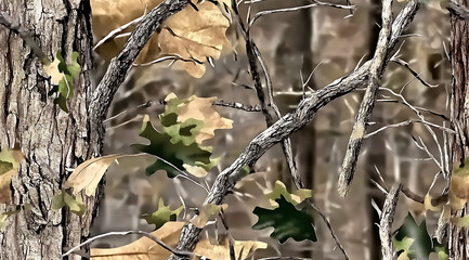 A camouflage pattern made of real tree branches and green leaves, with an American-style camo design for hunting