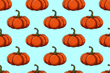Cute seamless vegetable-themed pattern. An orange pumpkin with  green tail on  blue background. Vegetable garden, farm. Autumn. Halloween. For packaging, textiles, website, background.