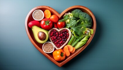 a vibrant photo showcasing a heart shaped bowl filled with nutritious diet foods including fresh fruits vegetables and whole grains promoting heart health and cardiovascular wellness