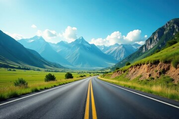 Fototapeta premium Asphalt ribbon unwinding through a majestic mountain valley, showcasing a scenic journey towards a breathtaking vista under a vibrant sky.