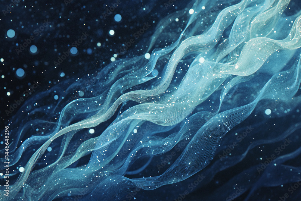 Poster abstract image of flowing, translucent blue fabric with subtle sparkle, suggesting movement and ethe