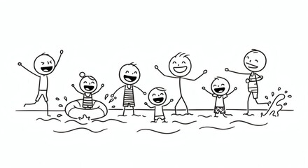 Stick Figures Enjoying Beach Fun Illustration Black and White