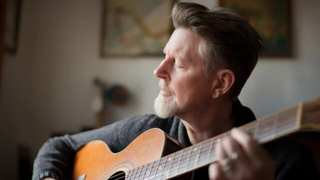 Middle-Aged Man Playing Acoustic Guitar with Focused Expression in a Natural Light Setting