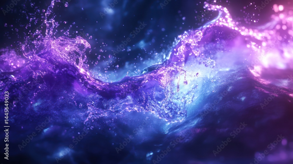 Poster vibrant liquid swirls in a mix of purple and blue, with dynamic splashes and textures. glowing, abst