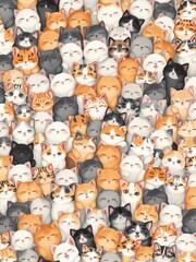 Seamless pattern of thousands of cute fluffy cats in various colors packed tightly together