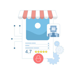 AI concept enhances customer experience. Personalized predictive product recommendations, martech and AI using data analytics and machine learning marketing. Flat vector illustration.