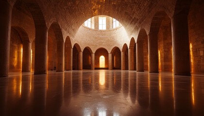 Fototapeta premium Ancient stone hall, warm light