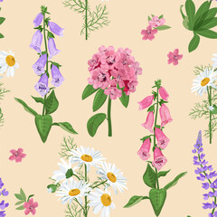 Seamless vector illustration with chamomile, rhododendron and digitalis on a pink background. For decorating textiles, packaging © Nadezhda