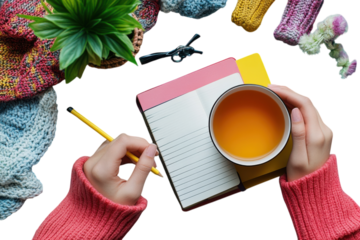 Cozy autumn day writing in journal warm tea knitted items soft natural light teal wood background