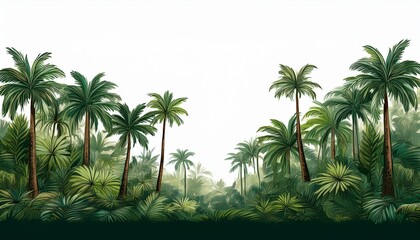 Fototapeta premium tree line lush green forest with palm trees and a white background