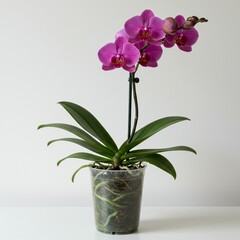 Vibrant Pink Orchid in a Clear Pot Against a Light Background