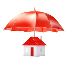 Red umbrella shelte a small white house with a red roof in a concept of protection and home coverage, isolated on a white background