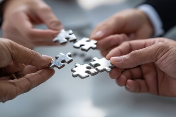 Hands of diverse people holding interconnected puzzle pieces symbolizing teamwork and collaboration.