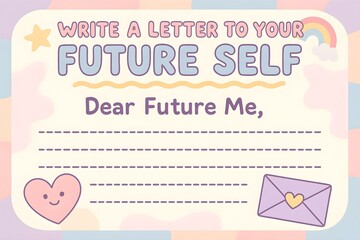 A colorful template for writing a letter to your future self, featuring decorative elements like hearts, stars, and a rainbow. Concept **Letter to My Future Self**..🌈✨**Dear Future Me